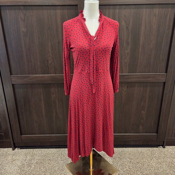 Boden Dress Womens 4P Polka Dot Stretch Jersey Red Hi-Low Hem Retro Ruffle Neck - Picture 1 of 9